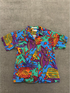 Sakura Sport Colorful Tropical Fish Print Button-Up Shirt Size S